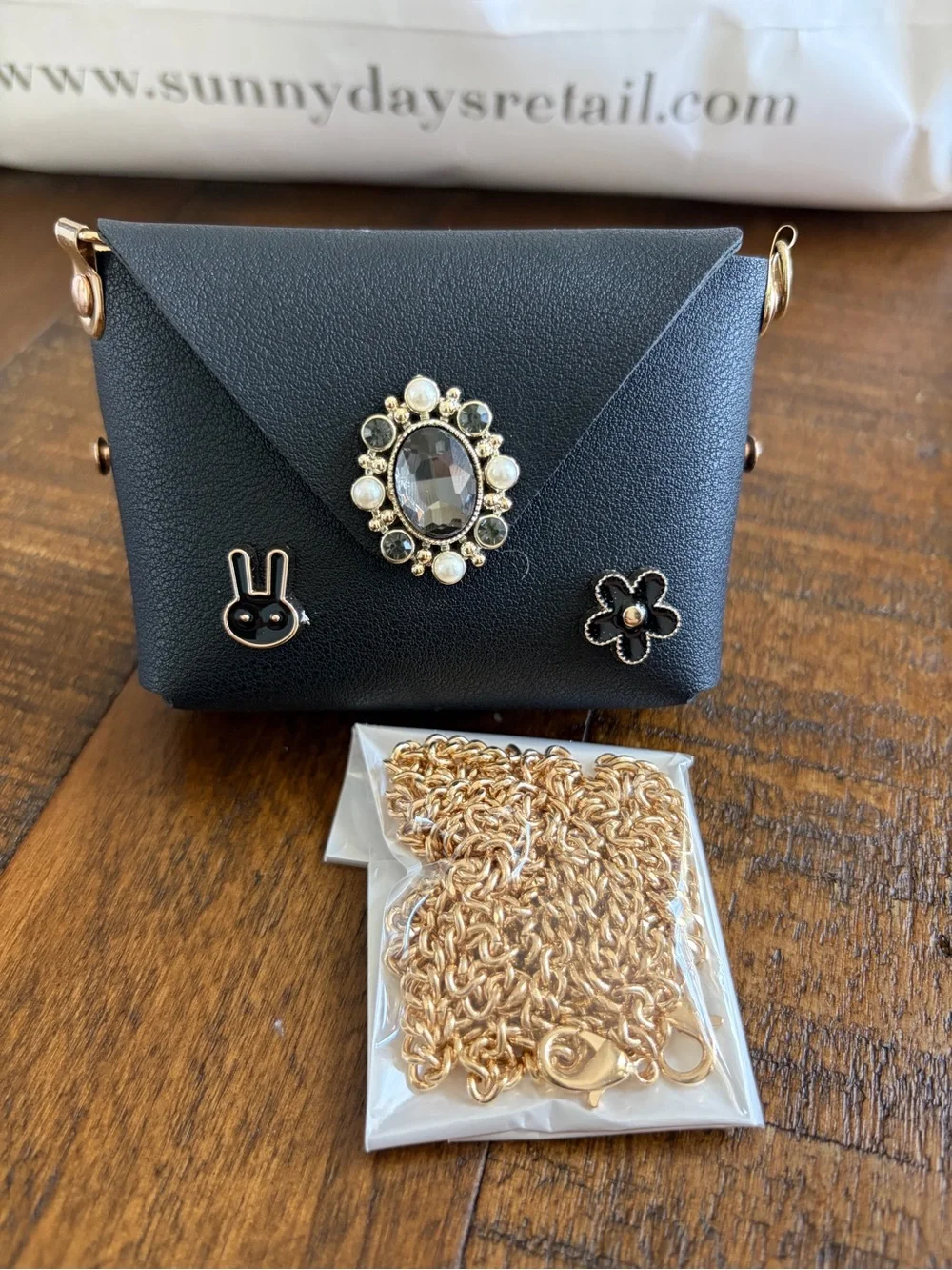 Black Jeweled Mini Crossbody Bag with Gold Chain